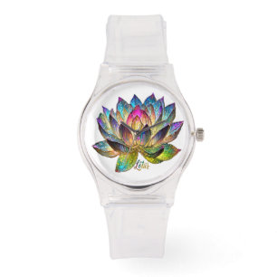 Färgat glas färgrik lotusblomma på vit armbandsur