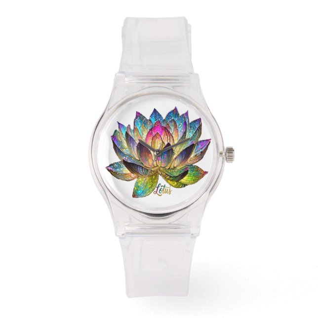 Färgat glas färgrik lotusblomma på vit  armbandsur (Framsida)
