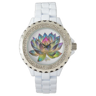 Färgat glas Färgrik lotusblomma på vit Armbandsur