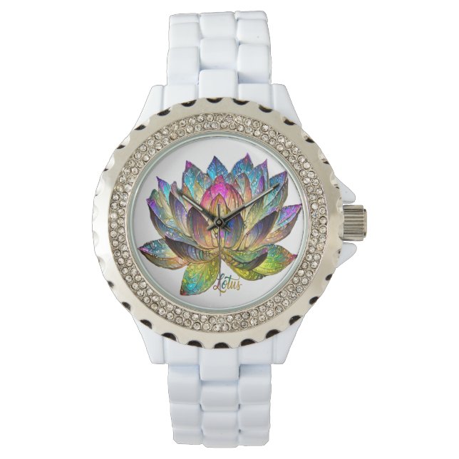 Färgat glas Färgrik lotusblomma på vit  Armbandsur (Framsida)