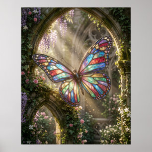 Färgat Glas Fjäril Blommar Poster