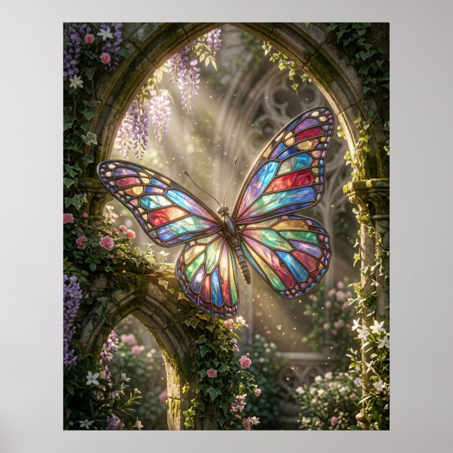Färgat Glas Fjäril Blommar Poster (Framsidan)
