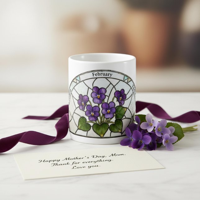 Färgat Glas Födelsblomma Februari Violett Namn Kaffemugg (Skapare uppladdad)