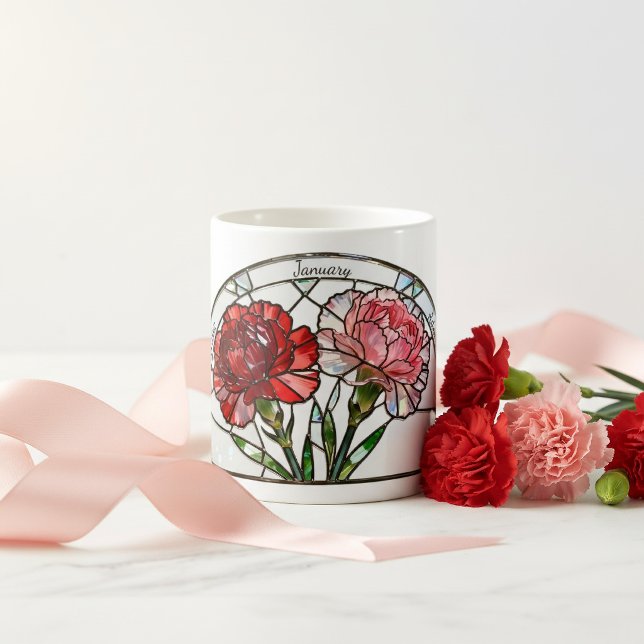 Färgat Glas Födelseblomma Januari Nejlika Namn Kaffemugg (Skapare uppladdad)