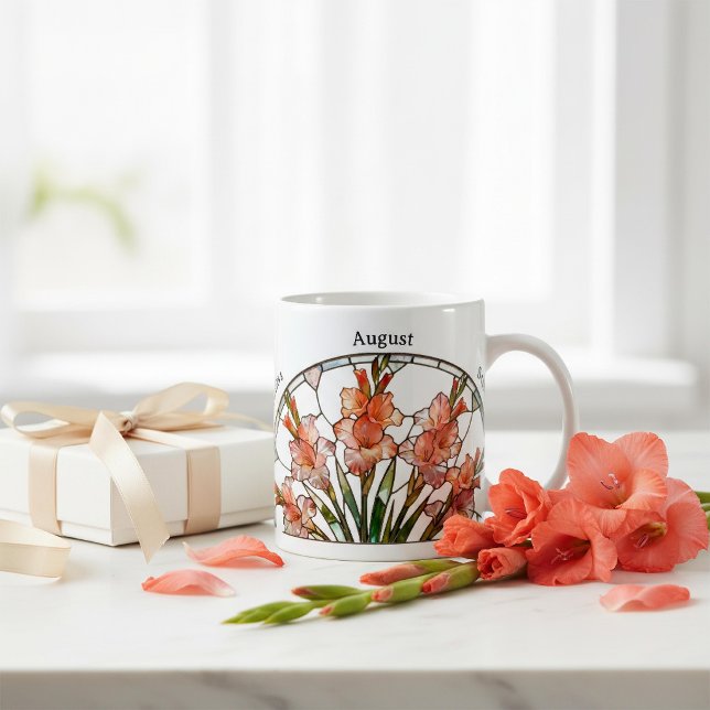 Färgat Glas Födelsemblomma Augusti Gladiolus Namn Kaffemugg (Skapare uppladdad)
