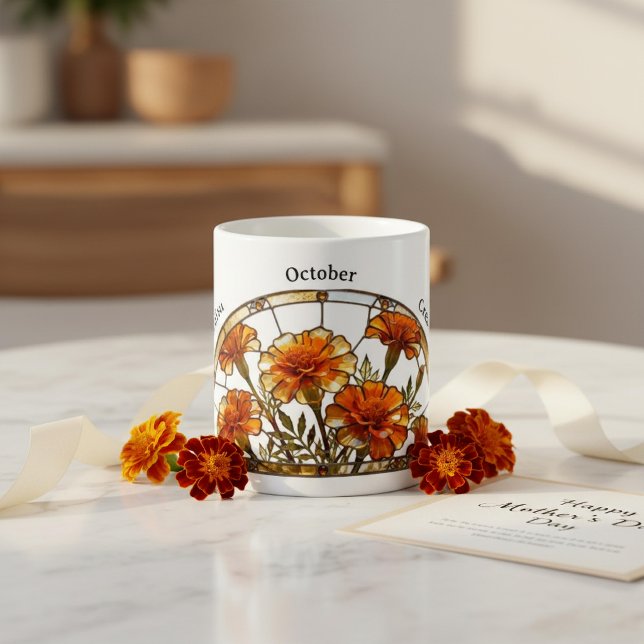 Färgat Glas Födelsemblomma Oktober Marigold Namn Kaffemugg (Skapare uppladdad)