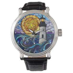 Färgat glas fyr hav solnedgång armbandsur