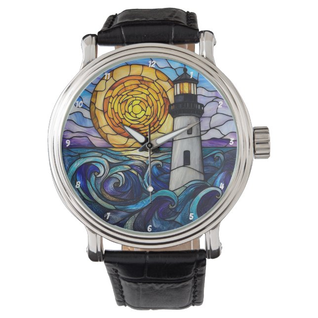 Färgat glas fyr hav solnedgång armbandsur (Framsida)