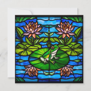 Färgat glas grön groda och vattenlilja blommor  kort