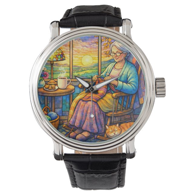 Färgat glas Mormor Stickar, Katt & Mysigt Hem  Armbandsur (Framsida)