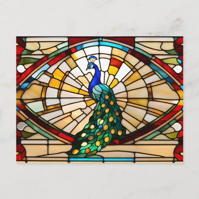 Färgat glas påfågel  vykort (Framsida)