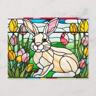 Färgat glas påskharen med tulpanblommor  helg vykort