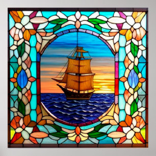 ⛵ Färgat Glas Seglande Dekor För Kustnära Rum