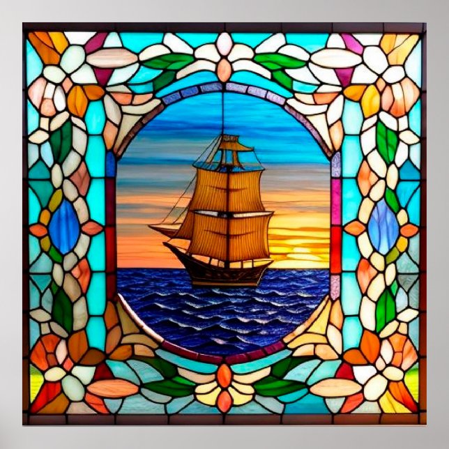 ⛵ Färgat Glas Seglande Dekor För Kustnära Rum (Framsidan)