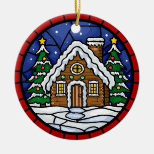 Färgat glas snöig stuga julgransprydnad keramik