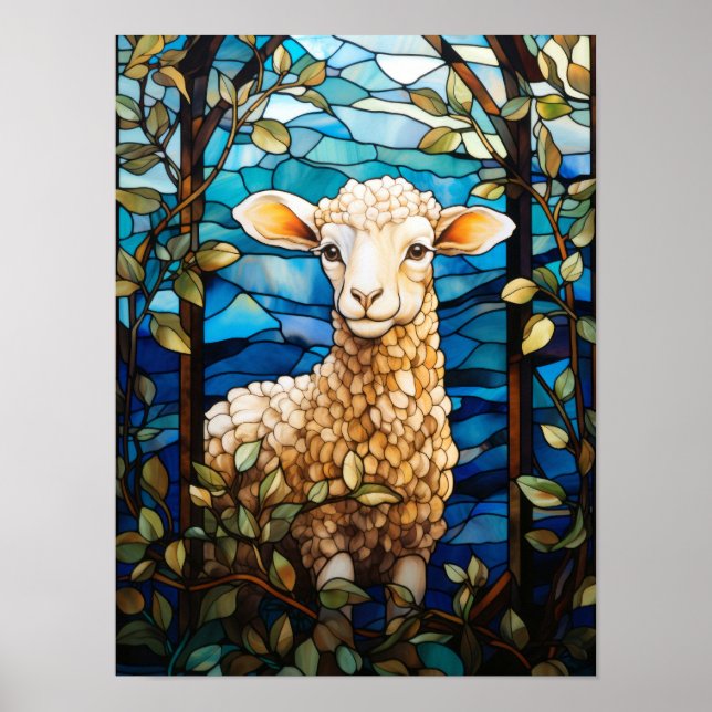 Färgat Glas Sött Lamm Vår Tidigt Grönskande Fönste Poster (Framsidan)