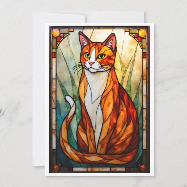 Färgat glas stil orange katt gröna ögon platt kort (Framsida)