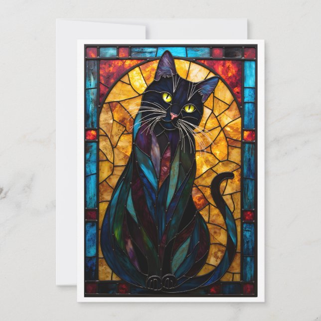 Färgat glas stil Söt svart katt platt Kort (Framsida)