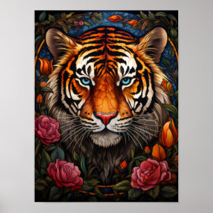 Färgat glas Tigerporträtt med rosa rosor och B Poster