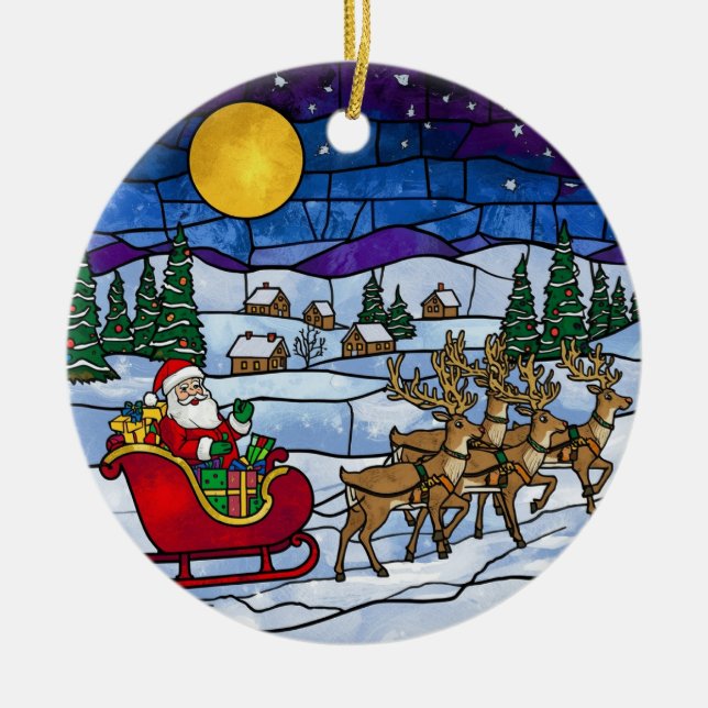 Färgat glas Tomte & Renar Slädtur Julgransprydnad Keramik (Framsidan)