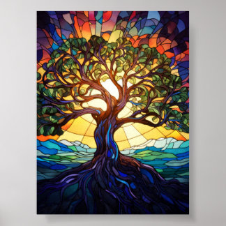 Färgat glas Träd des Livet Soluppgång Natur Konst Poster
