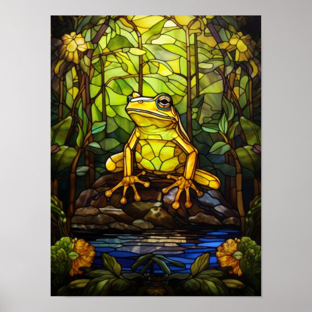 Färgat glas Trädgårdsgroda Djungel Damm Fönster Poster (Framsidan)