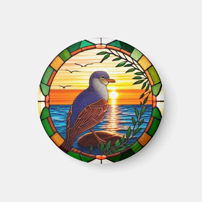 Färgat glasdesign med fågel på sten magnet (Framsidan)