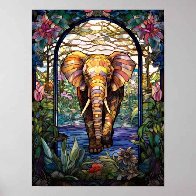 Färgat glasfönsterdesign med elefant poster (Framsidan)