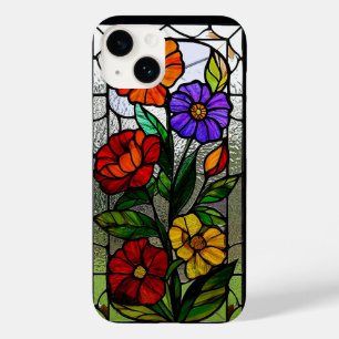 Färgat glasparti med livfulla blommor