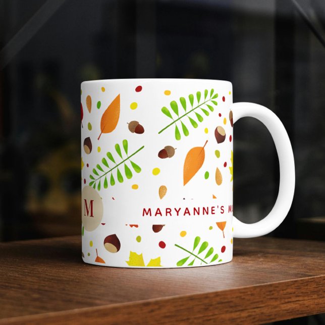 Färgat höst löv mönster med eget namn kaffemugg (Colorful fall leaves personalized mug with custom name and monogram)