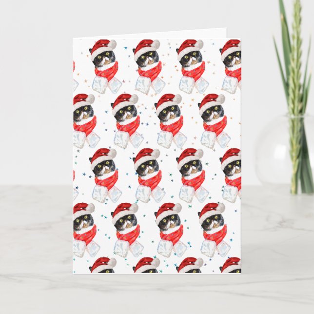 Färgat Kat-julvattenfärg med Scarf Helgkort (Framsida)