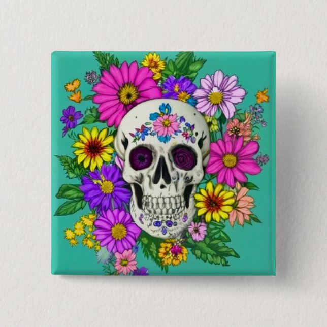 färgat skalle med blommor knapp (Framsida)