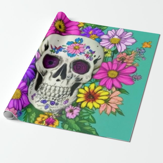 färgat skalle med blommor presentpapper (Utrullad)