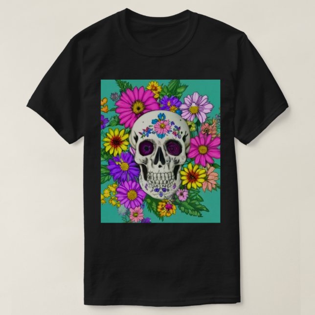 färgat skalle med blommor t shirt (Design framsida)