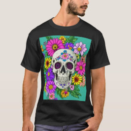 färgat skalle med blommor t shirt