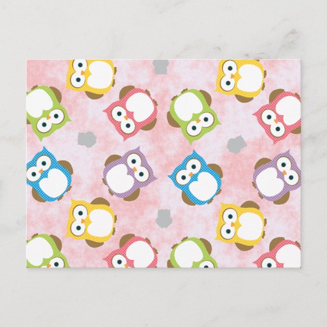 Färgat Uggla mönster i Rosa i bakgrunden Vykort (Framsida)