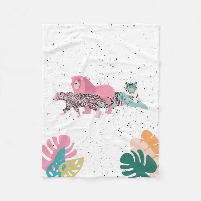 Färgat Vilda djur och tropiskt Löv Fleecefilt (Framsidan)