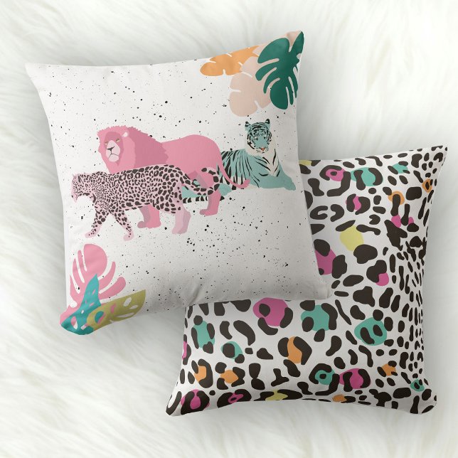 Färgat Vilda djur och tropiskt Löv Kudde (Colorful Wild Animals & Tropical Leaves Throw Pillow)