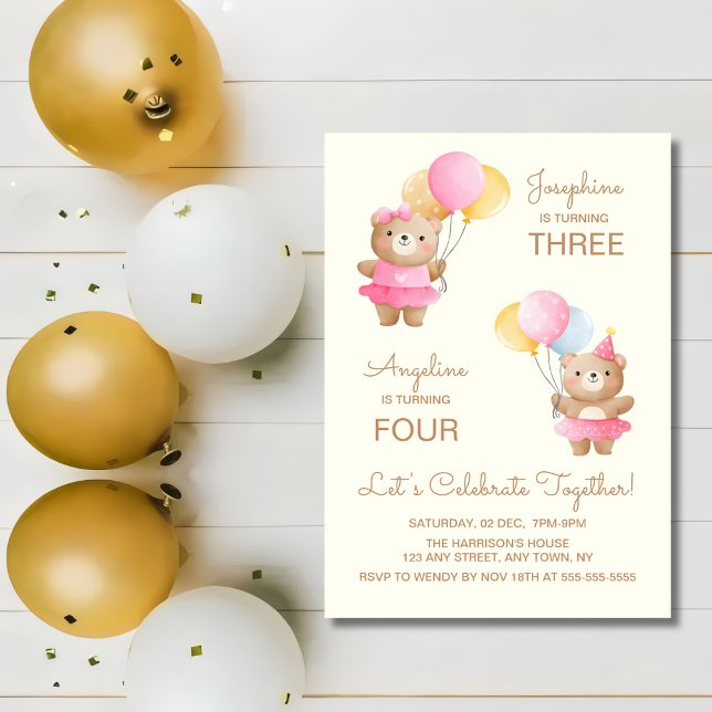 Färgballonger Bear Girls Gemensamma födelsedag Inbjudningar (Skapare uppladdad)