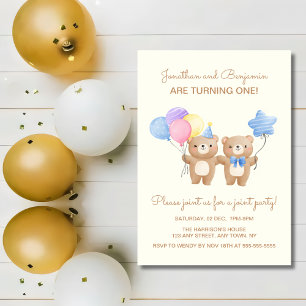 Färgballonger Bear Twin Boys Joint Birthday Inbjudningar