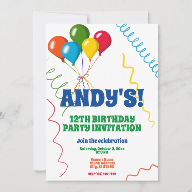 Färgballonger Lycklig 12:e Födelsedagsfest Inbjudningar (Framsida)