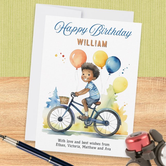 Färgballonger på cykel Grattis på födelsedagen Kort (A personalized birthday card with picture of a boy on a bicycle with balloons)