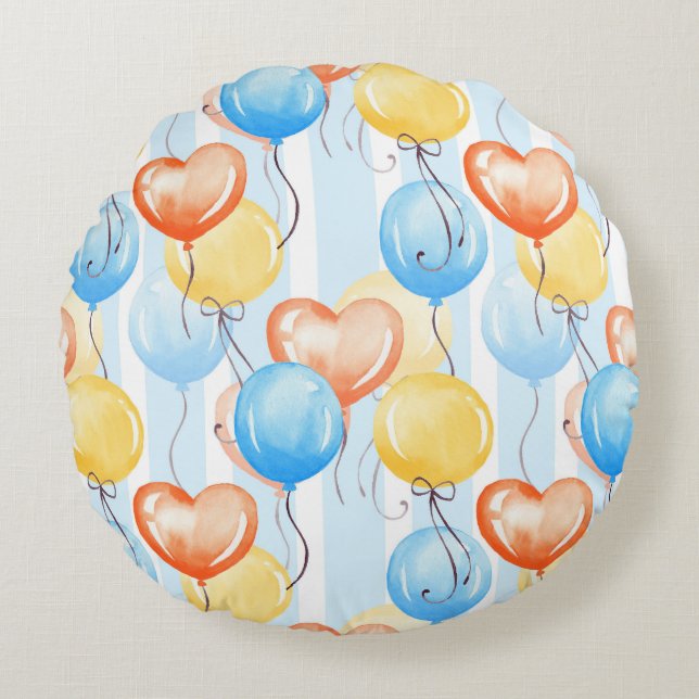 Färgballonger: vattenfärgssömlös mönster. rund kudde (Framsidan)