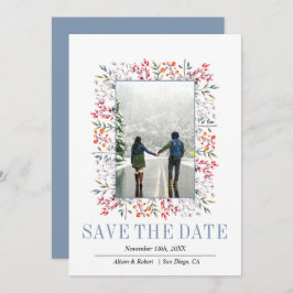 Färgbär, löv gräns dammiga blå bröllop spara datumet