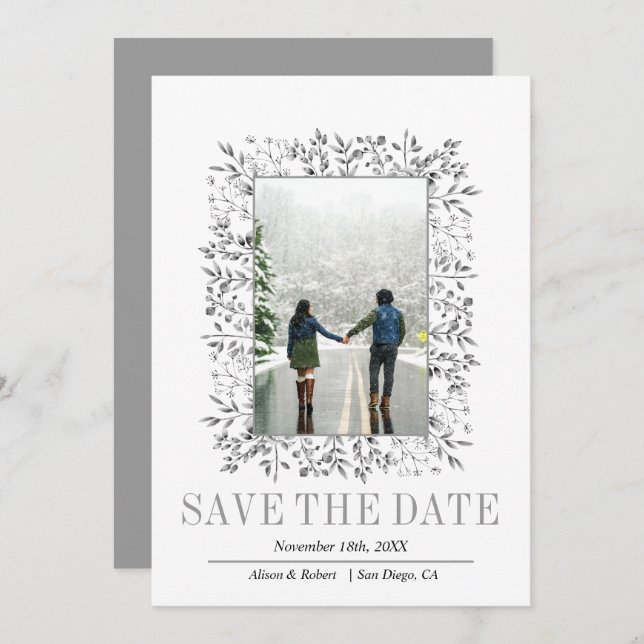 Färgbär löv gräns grått vinterbröllop under vinter spara datumet (Fram/baksida)