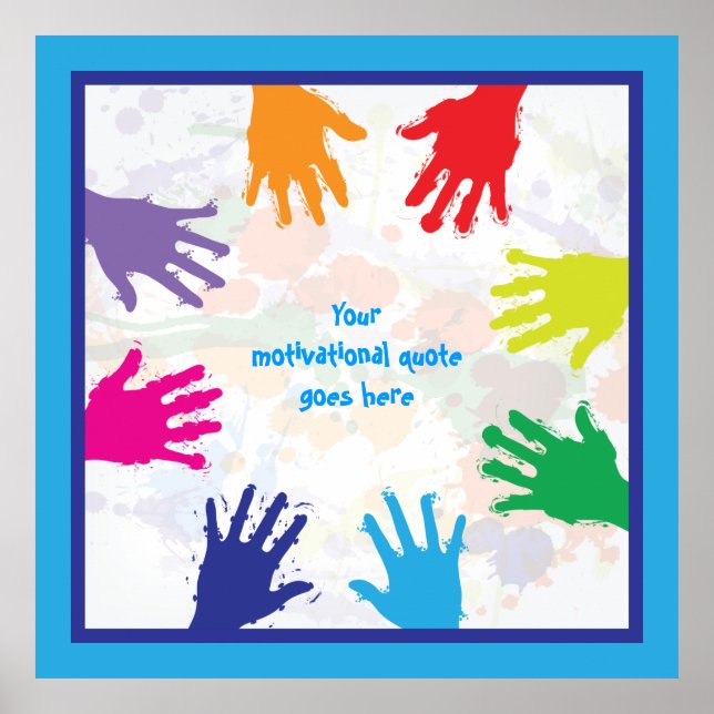 Färgbara barnhandavtryck med blå gräns poster (Framsidan)