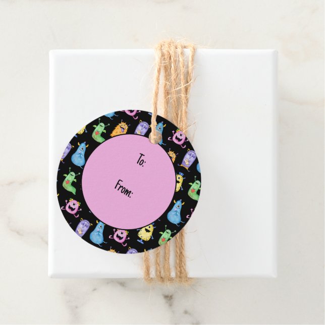 Färgbara jutemonster gåvor etiketter (På plats)