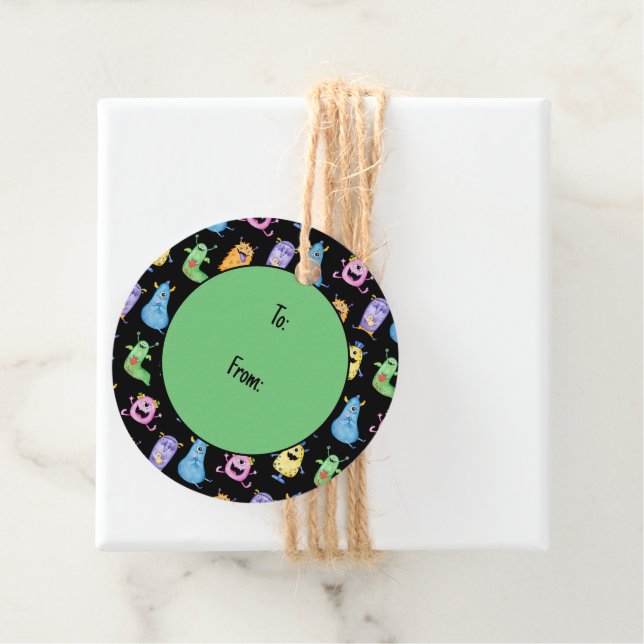 Färgbara jutemonster gåvor etiketter (På plats)