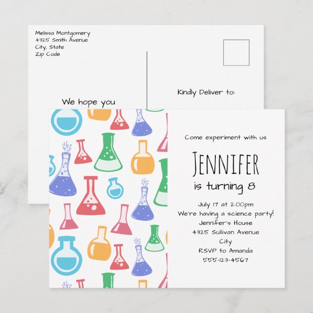 Färgbeakers och Flasks Science Mönster Inbjudan Vykort (Fram/baksida)