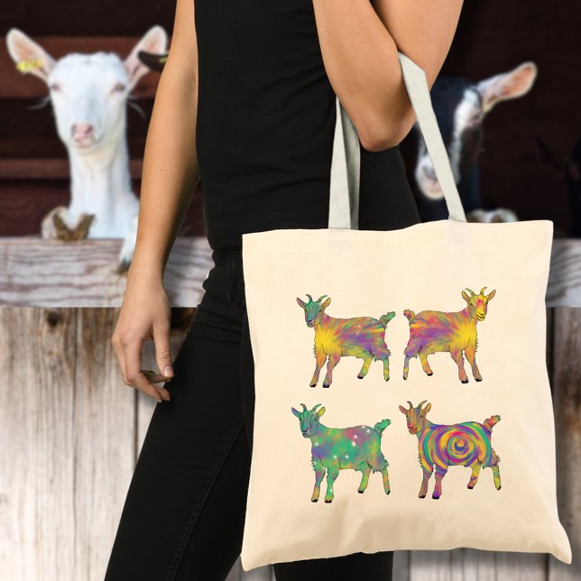 Färgbeklädda getter som står på Sak-design Tygkasse (Cute goats colorful farm animal art tote bag)